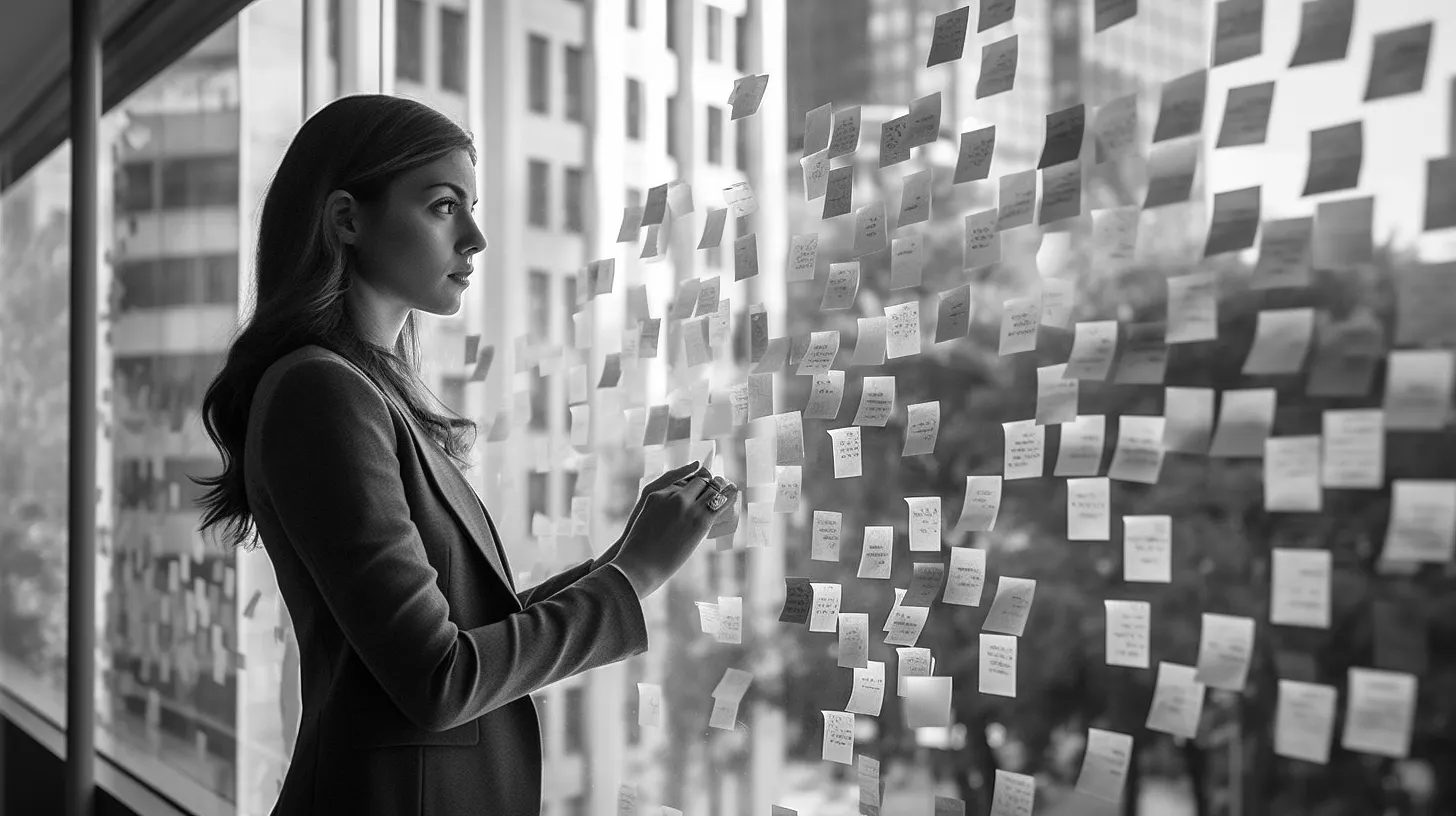woman placing sticky notes on an office window