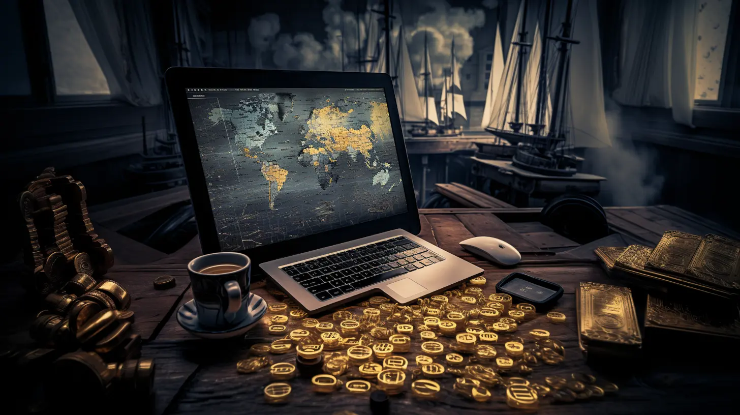 Computer with gold and sailing ships in the background